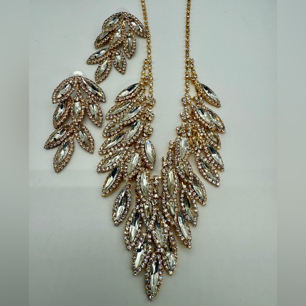 Gold Statement Necklace & Earring Set – Clear Marquise Rhinestones Leaf Cascade